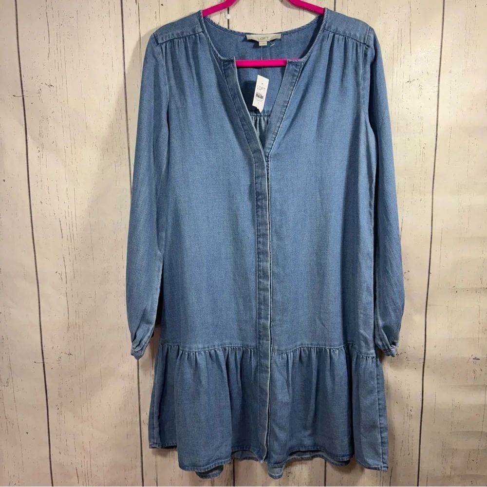 Loft Chambray Denim Ruffle Hem Shift Dress Long Sleeve V Neck Size S Linen Blend